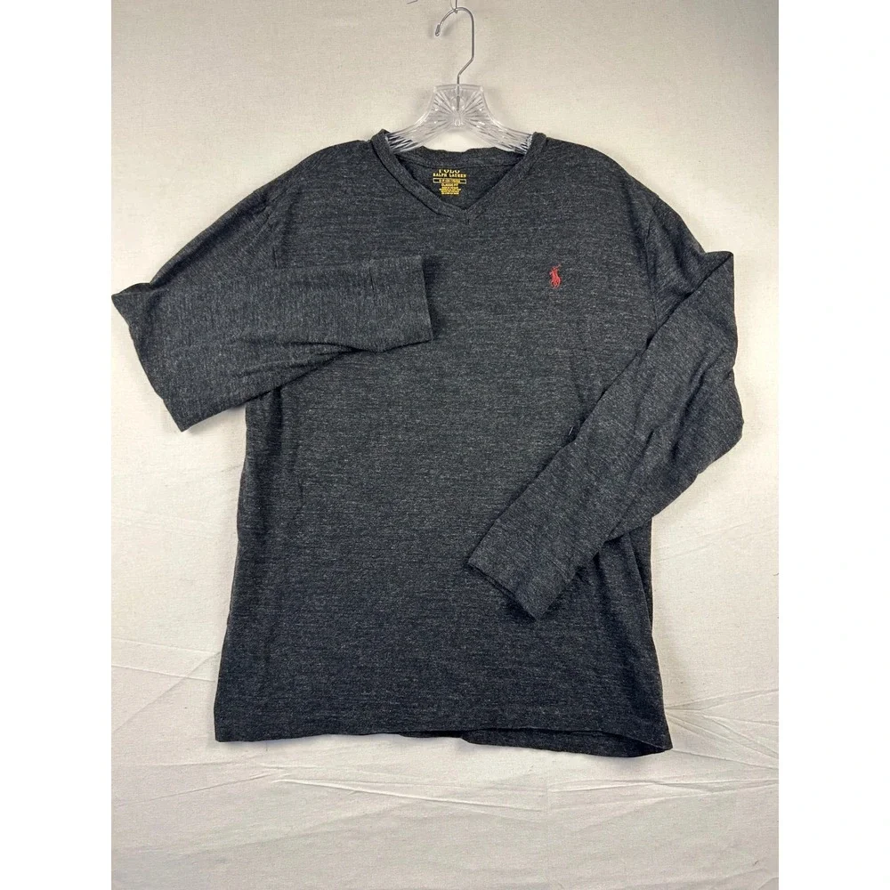 Polo Ralph Lauren Mens V-Neck Long Sleeve T-Shirt Charcoal Grey Heather Small